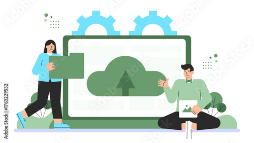 Digital Workplace with Cloud Technology Flat Vector Illustration