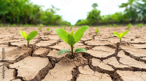 Green Seedlings Growing from Cracked Dry Earth in Parched Landscape Under Bright Sky