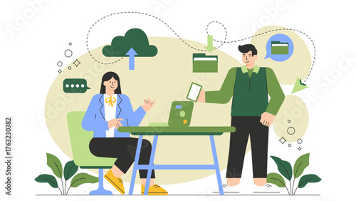 Digital Workplace with Cloud Technology Flat Vector Illustration