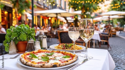 Romantic Outdoor Dining Experience with Pizza and Pasta at Italian Restaurant in Charming Street Setting