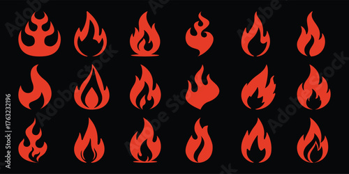 Collection of Red Flame Icons on a Black Background