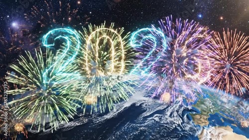 Vibrant rainbow gradient background with large 3D “2026” digits and shiny confetti around, joyful celebration poster, modern aesthetic, 4k