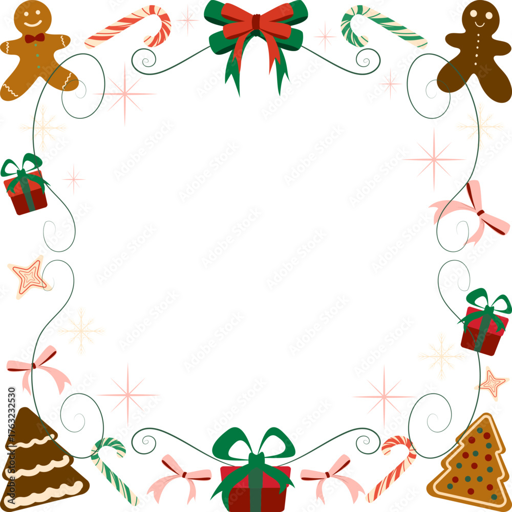 Obraz premium Detailed, festive square Christmas border of gingerbread cookies, candy canes, gift boxes, and swirling ribbons in a playful mix of traditional colors.