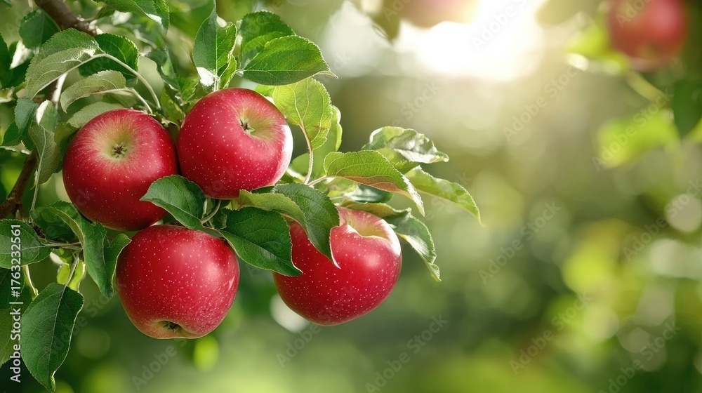 Obraz premium Fresh Red Apples Growing on the Tree Surrounded by Lush Green Leaves and Soft Sunlight
