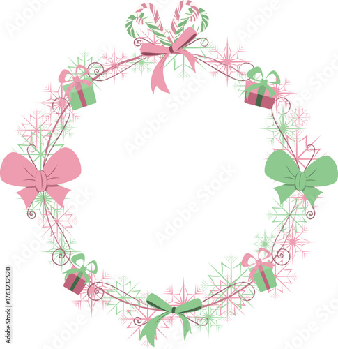 Intricate vector Christmas wreath of layered pink and mint green snowflakes, decorated with pastel gift boxes, bows, and candy canes, creating a sophisticated and elegant circular border.