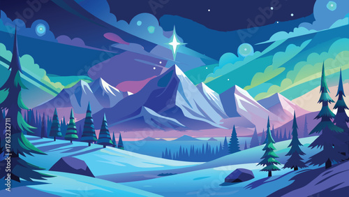 A winter landscape scene featuring snow covered mountains and pine trees under a starry night sky view