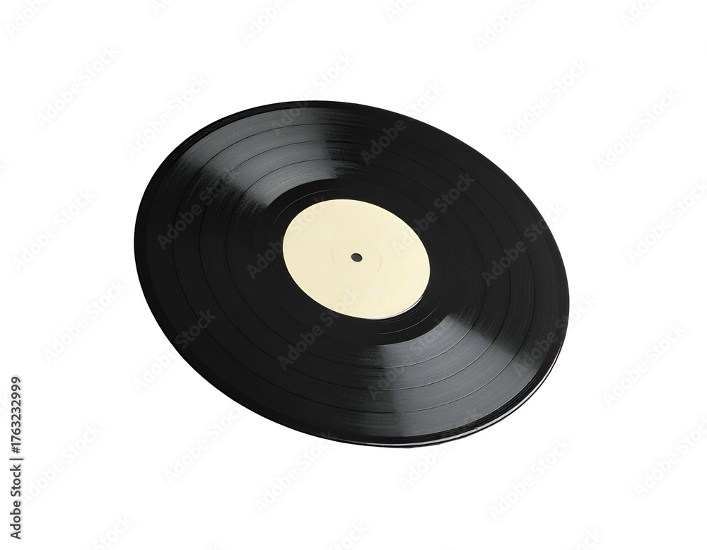 Obraz premium A black vinyl record with a cream label, against a stark black background