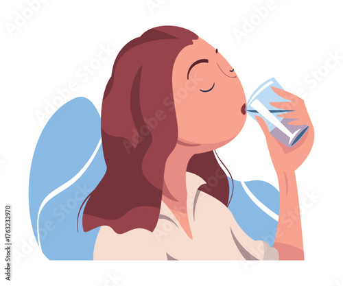 Woman Drinking Water Hydrate and Quench Thirst Vector Illustration