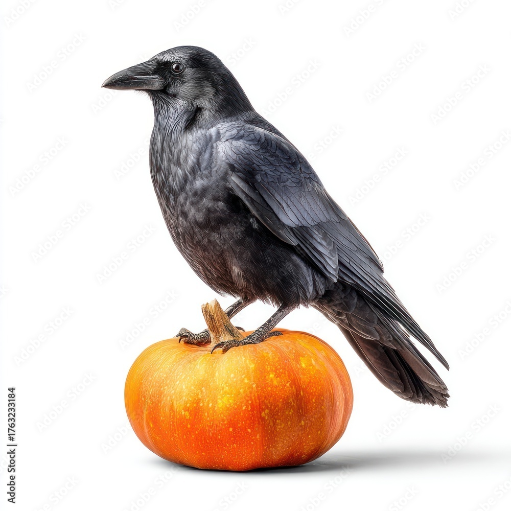 Fototapeta premium Crow sitting on a pumpkin blackbird isolated decorative.