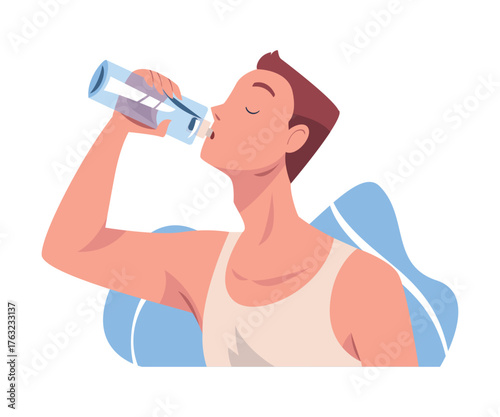 Man Drinking Water Hydrate and Quench Thirst Vector Illustration