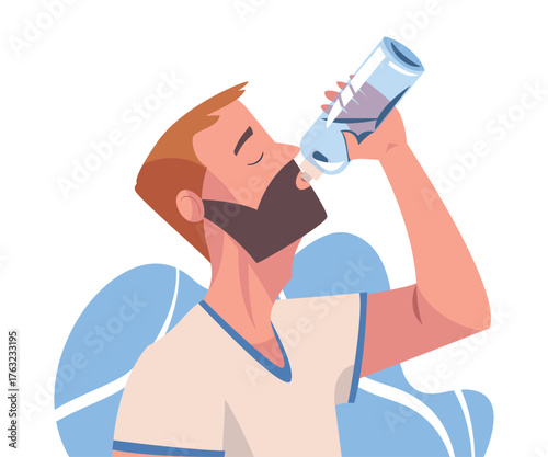 Man Drinking Water Hydrate and Quench Thirst Vector Illustration