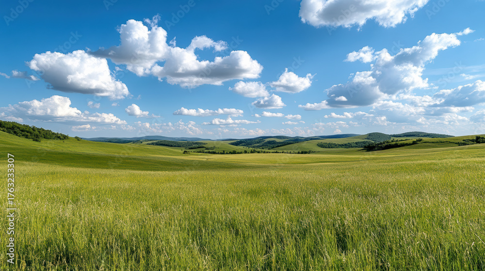 Obraz premium Lush green hills under soft clouds create serene and open mood in countryside