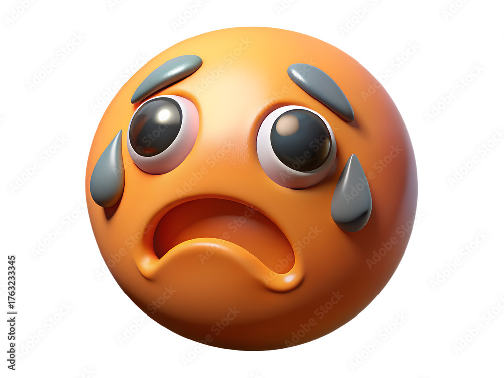Fototapeta premium Sad and crying emoji with tears rolling down its face isolated on transparent background, feeling down