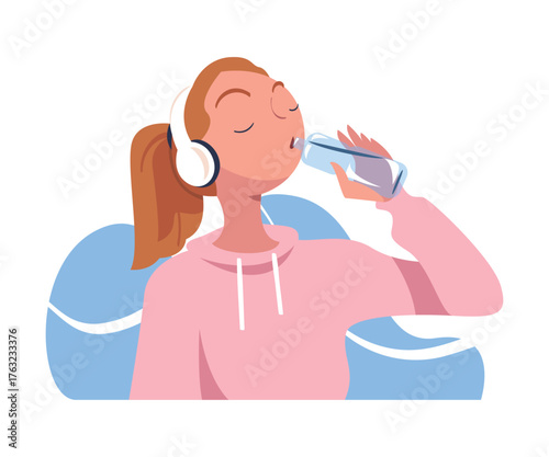 Woman Drinking Water Hydrate and Quench Thirst Vector Illustration