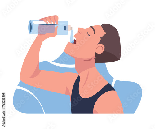 Man Drinking Water Hydrate and Quench Thirst Vector Illustration