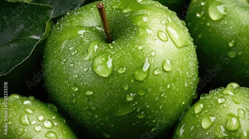 Fresh Green Apples with Water Drops on Surface Surrounded by Leaves in a Natural Setting