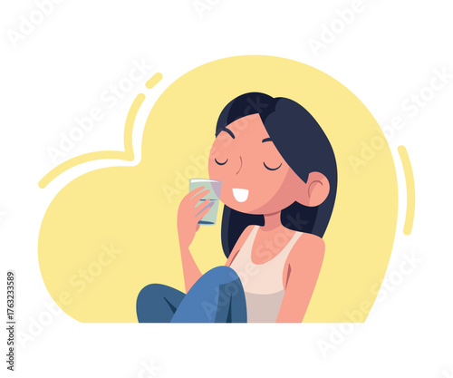 Woman Drinking Water Hydrate and Quench Thirst Vector Illustration