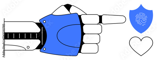 Robotic hand extending finger, directing attention to fingerprint on shield alongside a heart. Ideal for security, AI, technology, trust, innovation, biometrics and digital protection themes. Simple