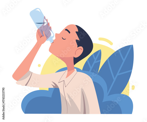 Man Drinking Water Hydrate and Quench Thirst Vector Illustration