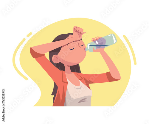Woman Drinking Water Hydrate and Quench Thirst Vector Illustration