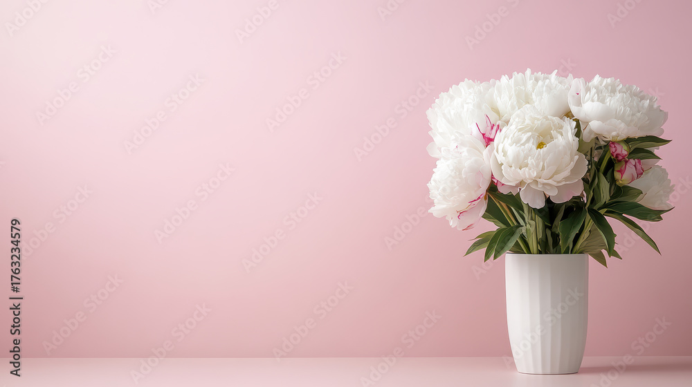 Fototapeta premium Elegant peony flowers in white vase against soft pink background create serene atmosphere