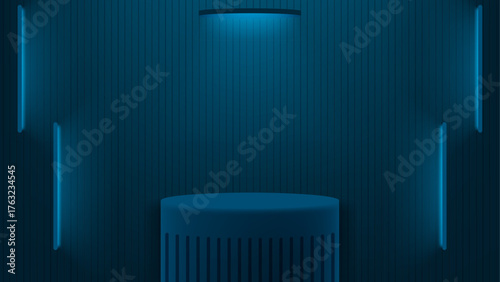 Blue podium with blue light and stripes background