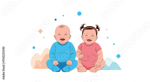 Happy babies smiling and laughing together in a cute illustration.
