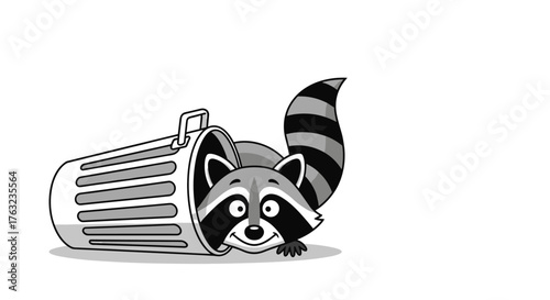 Raccoon emerges from trash can searching for food.
