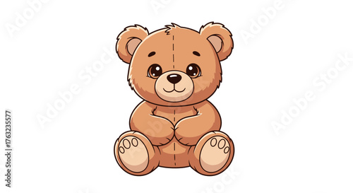 Cute cartoon teddy bear sitting and looking forward.