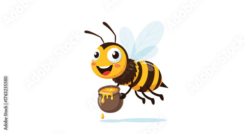 Happy Bee Carrying Honey Pot Flying in the Air.