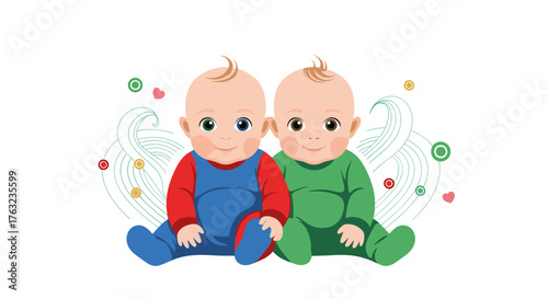 Adorable twins sitting together smiling and looking at the viewer.