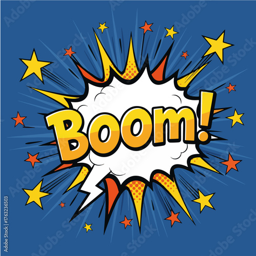 Boom! cartoon bubble text t-shirt design with comic explosion background, vibrant playful pop-art vector illustration