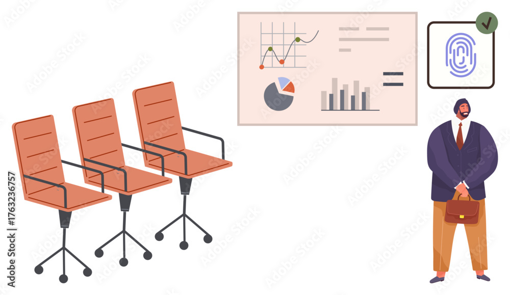 Fototapeta premium Business figure near data charts, fingerprint approval, and empty office chairs. Ideal for workplace analytics, hiring process, security, decision-making, business planning, strategy simple flat