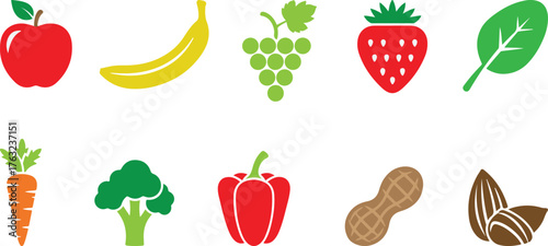 Vector illustration of colorful fruits and vegetables representing healthy eating and balanced diet