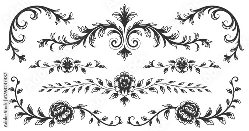 Elaborate Vector Floral Ornaments: Artistic Flourishes for Decorative Border Designs
