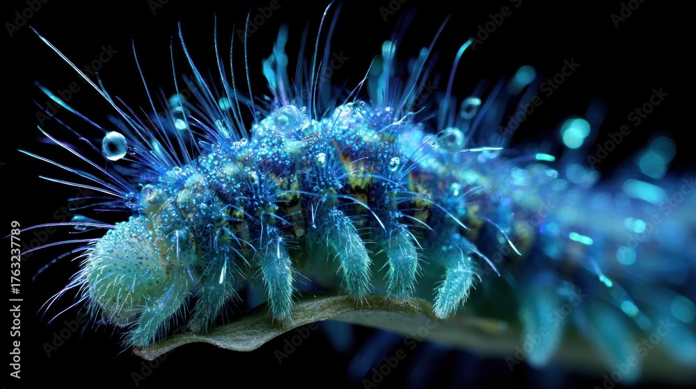 Obraz premium Iridescent, glowing caterpillar crawls on a leaf; dew-kissed, hairs shimmer against dark