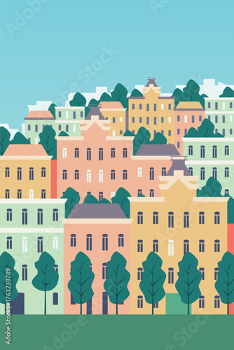 Abstract old town on hillside poster - geometric flat design colorful buildings with trees vector illustration in pastel colors with European architecture style