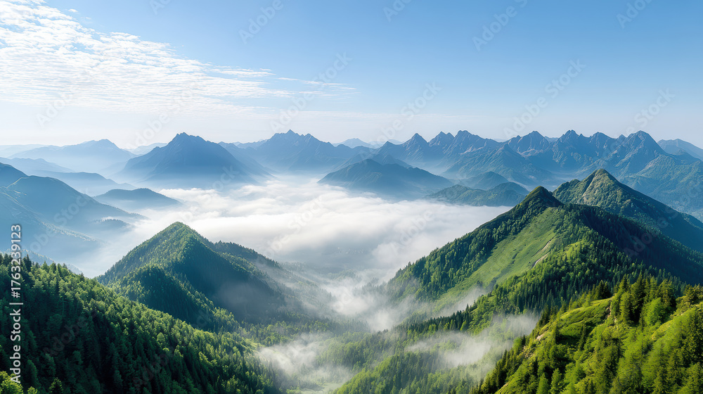Fototapeta premium Breathtaking mountain landscape with soft haze enveloping lush green valleys and peaks
