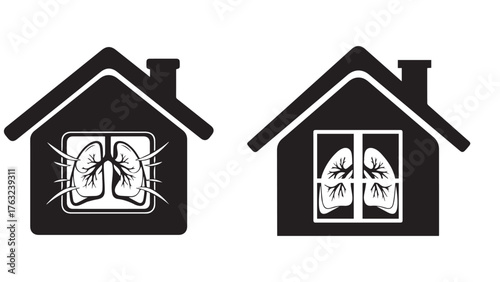 House with lungs in window, indoor air quality awareness icon for healthy home, prevention messages, and respiratory care