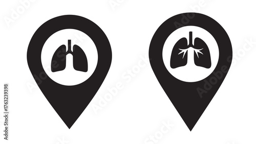 Location pin with lungs cut-out, find screening center mapping icon for lung cancer awareness and community programs
