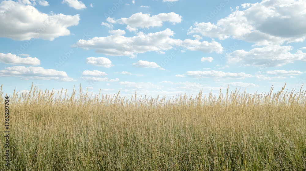 Fototapeta premium Tall grass sways gently bright blue sky filled with fluffy clouds, creating serene landscape