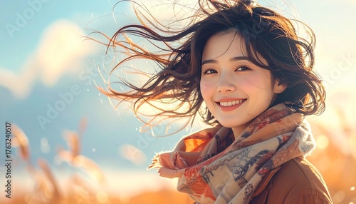 風で髪が揺れるマフラーを巻いている女性　　AI生成素材