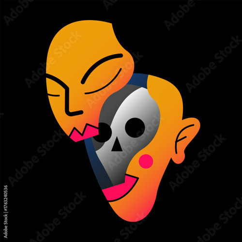Stylized Halloween party illustration with layered Girl faces and skull. Abstract costume concept perfect for spooky event promos, invitations, and festive campaigns.