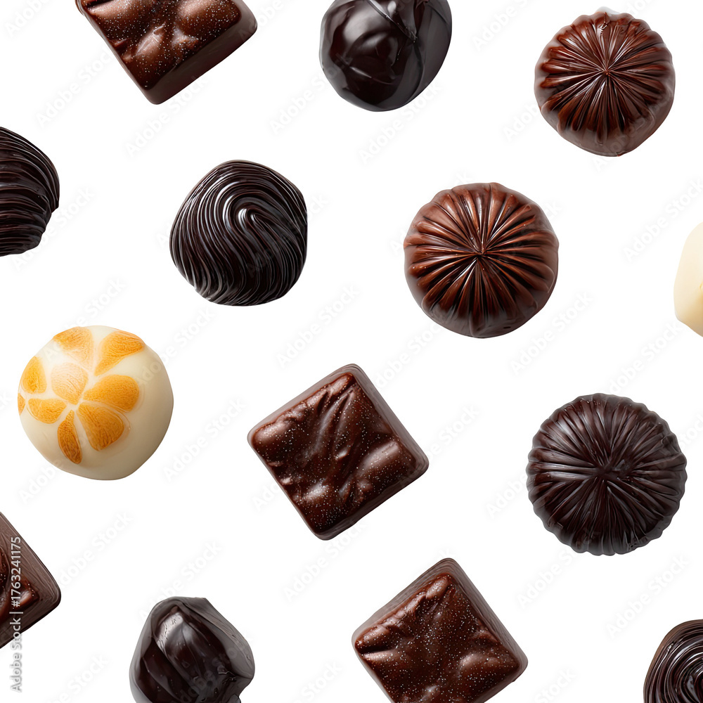 Fototapeta premium Assorted chocolates of varied shapes, sizes, and colors scattered on a black background