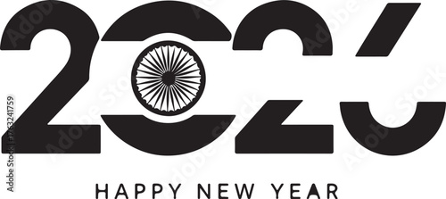 Black 2026 with Ashoka Chakra and Happy New Year Text on White celebration