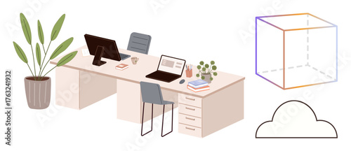 Office desks with laptops, chairs, and plants next to artistic 3D cube and cloud shapes. Ideal for office concepts, productivity, technology, creativity, modern work, design simple flat metaphor