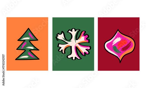 Modern Christmas Poster Set with Abstract Tree, Snowflake, and Ornament. Artistic Holiday Card Collection in Painterly Style.