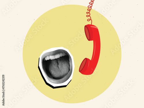 Open screaming mouth and vintage telephone receiver. Angry customer. Modern photo collage style. Vector illustration