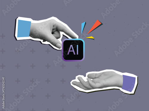 One hand gives the other an artificial intelligence icon. Modern photo collage style. Vector illustration
