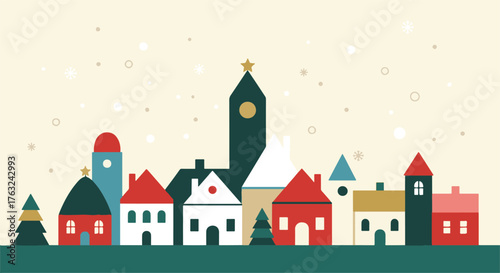 Charming winter village scene with festive houses and falling snow, illustrated in a modern flat graphic style